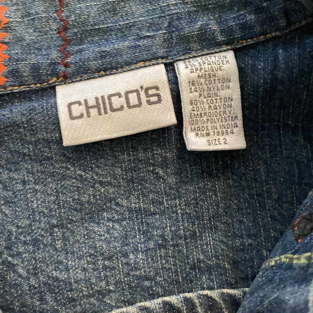 Chicos Jean Vest Womens 2 Embroidered Applique Boho Art Jacket Casual Layering - Picture 6 of 14